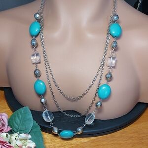 34" Long Turquoise Colored Acryloc Bead Multi-strand Silvertone Necklace